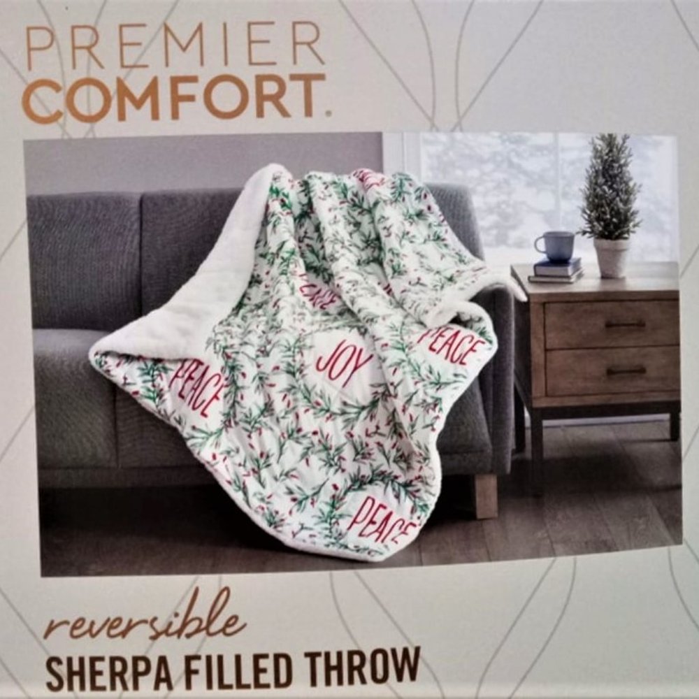 Premier Comfort Reversible Sherpa Filled Throw Velvet Plush PEACE JOY Print NWT